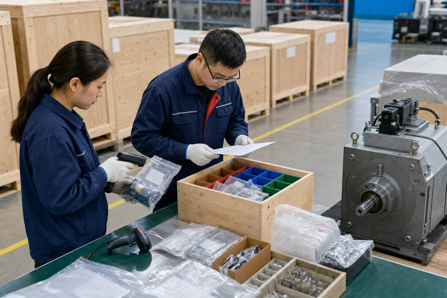 包装人员核对出口设备随箱备件和箱号