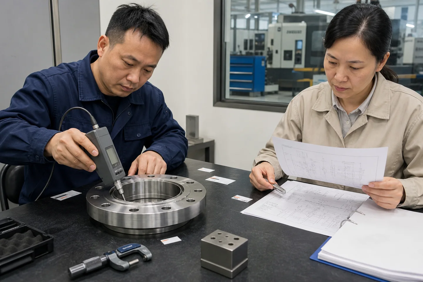质量人员在零件功能表面测量粗糙度并核对检测报告