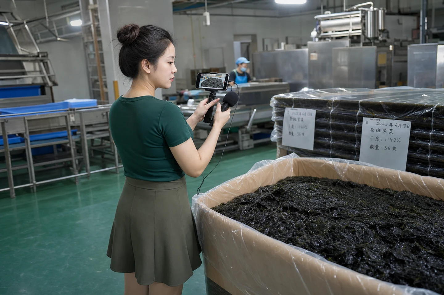 海苔加工自媒体拍摄者记录原料批次
