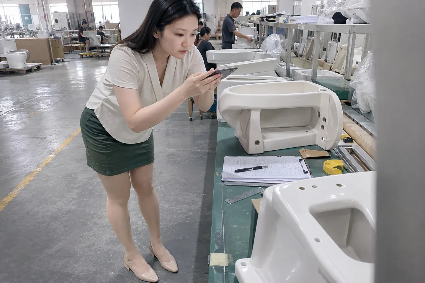 洁具代工质检桌旁拍摄批次与工艺记录